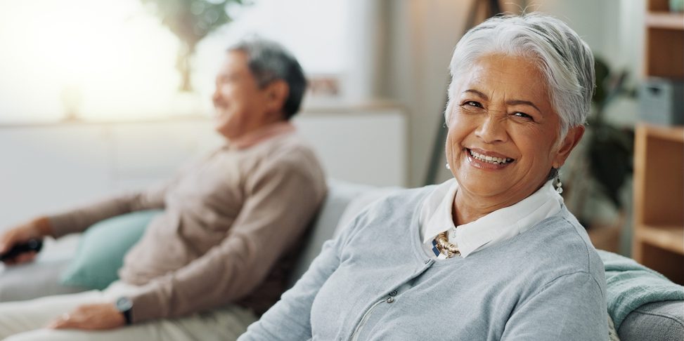 Senior,,Couple,And,Woman,On,Sofa,Portrait,Together,,Elderly,Apartment